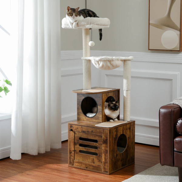 Deluxe Wooden Cat Tree Tower with Built-In Litter Box & Scratching Posts